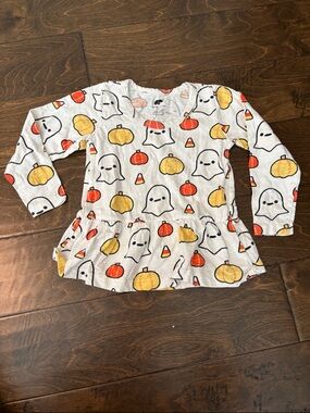 Girls' Halloween Ghost & Pumpkin Peplum Top - White with Orange & Yellow